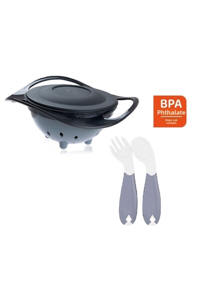 Babyjem White Gray and Angled Non-Spill Plate Spoon Fork Set