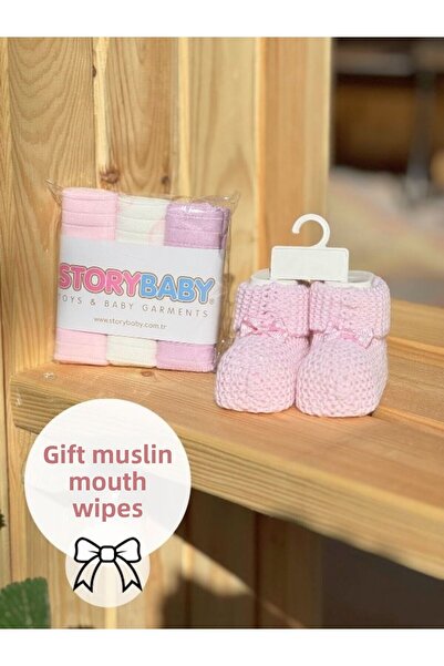 BETSY STUDIO طقم بوت وردي على شكل فيونكة للأطفال و6 مناديل قطنية (مع منديل مو...