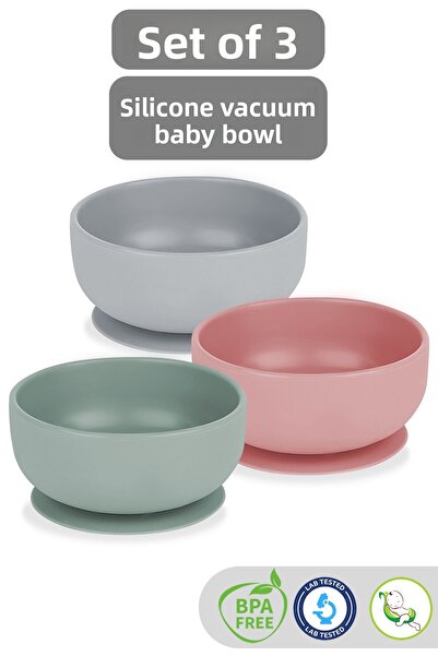Meleni Baby Silicone Vacuum 3-Piece Baby and Food Bowl Set - Grey-Green-Pink