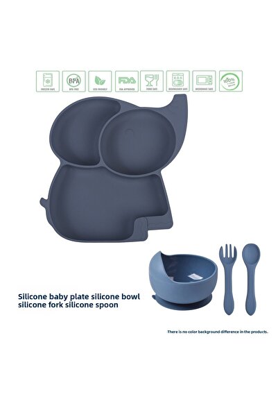 jojobebek طقم تغذية سيليكون، صحن ووعاء طفل مفرغ من السيليكون، شوكة وملعقة سيليكون / أزرق داكن