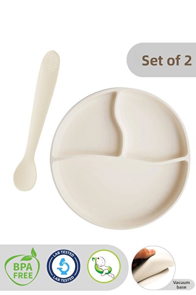 Meleni Baby Beige 2-Piece Silicone Baby Feeding Set - Vacuum Plate and Teethe...
