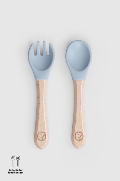 Little Gusto Blue Silicone Fork Spoon Set with Bamboo Handle