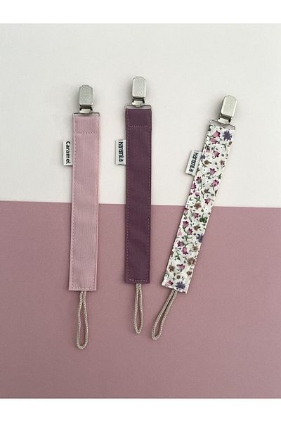 KARAMİLA Set of 3 Pacifier Strap - Pacifier Chain - Pacifier Holder - Purple - Pink - Flower