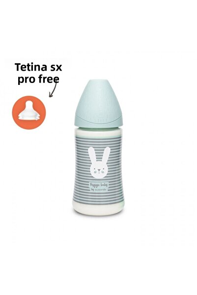 Suavinex Biberon 270 ml cu tetin? rotund? din silicon, 3 fluxuri, iepura? cu linii verzi, Hygge Suavinex