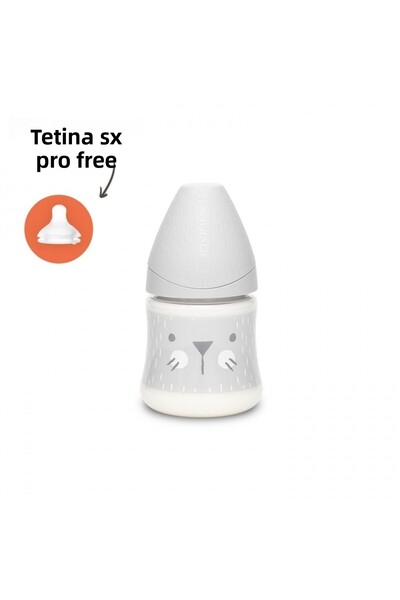 Suavinex Biberon 150 ml cu tetin? rotund? din silicon, debit lent, pisic? gri...