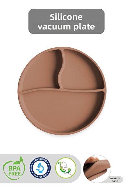 Meleni Baby Brown Silicone Baby Feeding Plate - Vacuum and Compartment