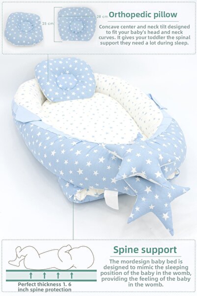 mordesign Babynest Orthopedic Baby Bed, Mother's Side Baby Bed, Ergonomic Design, Stars Series, Blue