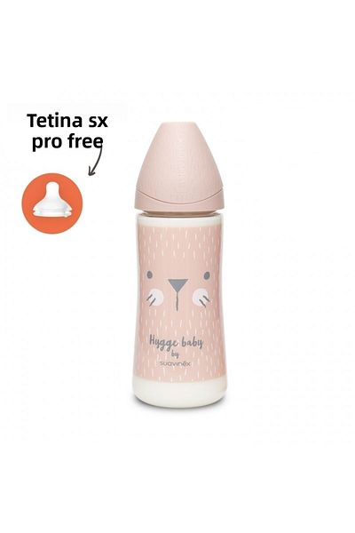 Suavinex Biberon 360 ml ml cu tetin? rotund? din silicon, debit dens, pisic? roz Hygge Suavinex