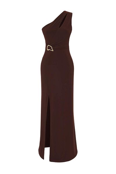Trendyol Collection Brown Body Fitting Accessory Detail Knitted Long Stylish Evening Dress Night Homecoming Dress Tprss25Ae00016