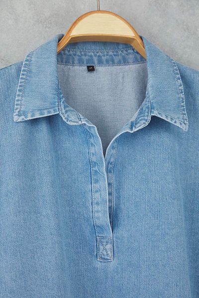 Trendyol Curve Blue Oversize Denim Plus Size Shirt Tbbaw26Ax00003