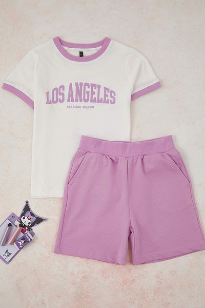 TRENDYOLKIDS Lilac Girls' 100% Cotton Slogan Printed Short Sleeve Knitted Bottom-Top Set Tkdss25Au00146