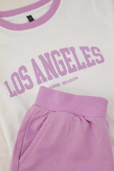 TRENDYOLKIDS Lilac Girls' 100% Cotton Slogan Printed Short Sleeve Knitted Bottom-Top Set Tkdss25Au00146