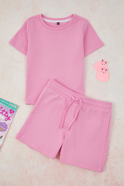 TRENDYOLKIDS Pink Girl's 100% Cotton Basic Short Sleeve Knitted Bottom-Top Set with Stretch Shorts Tkdss25Au00164