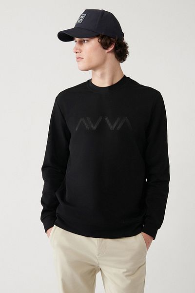 Avva Men's Black Crew Neck Interlock Fabric Printed Sweatshirt A32Y1324