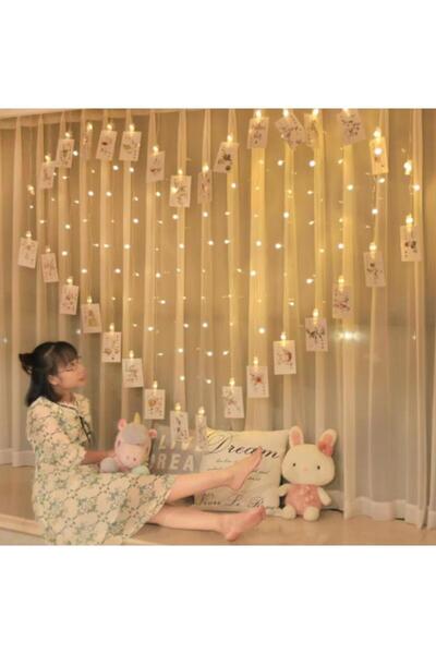 buradanaldım Fotoğraf Asılabilen Kalp Şeklinde Mandallı 2x1,5 Sarı Perde Led, Sevgiliye Sürpriz Için Fotoğraf Alb