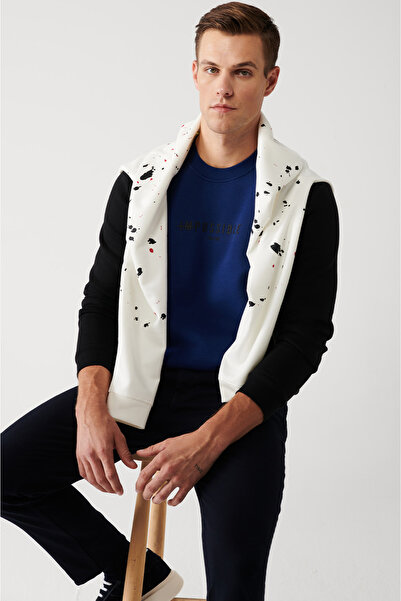Avva Erkek Saks Bisiklet Yaka 3 İplik Şardonlu Slogan Baskılı Sweatshirt A32Y1385