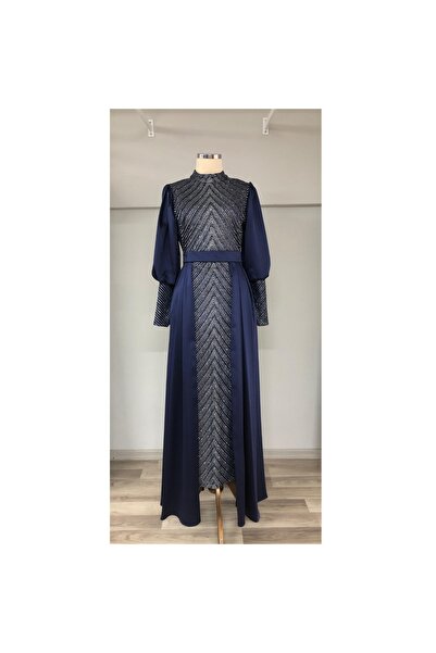 Bijutek Glitter Embroidered Navy Blue Satin Hijab Special Occasion Evening Dress