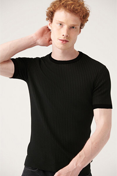 Avva Men's Black Crew Neck Ribbed Ribbed Knitwear T-Shirt A31Y5003