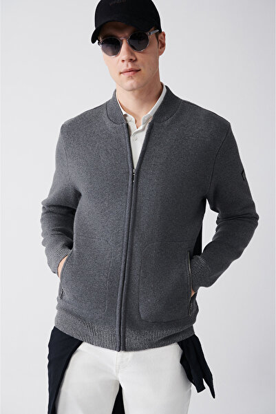 Avva Men's Anthracite Bomber Collar Zippered Cardigan A31Y6060