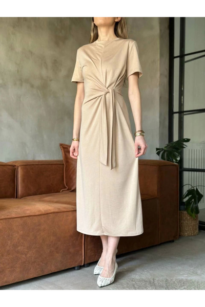 MODA Φόρεμα με μαλακή υφή Osy Modal με πλαϊνό δέσιμο - Μπεζ