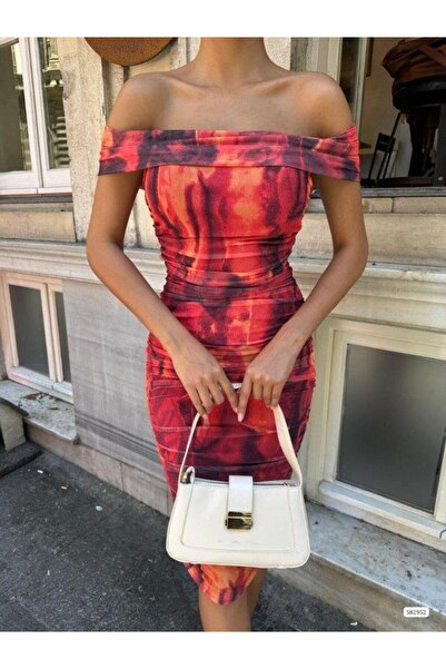 MODA Rochie din șifon de lungime midi pentru femei Madonna Guler Wave Pattern