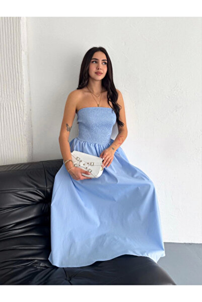 ruum fashions Στράπλες Πλισέ Φόρεμα - Γαλάζιο