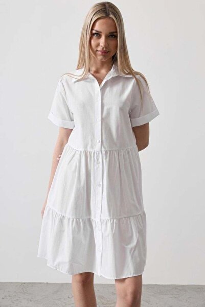MODA Short Sleeve Button Dress - White
