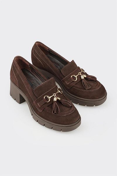 Elle Shoes Brown Leather Women's Mid Heel Shoes