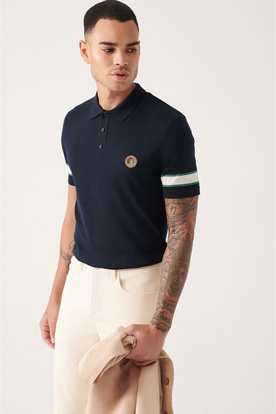 Avva Ανδρικό μπλουζάκι με ριγέ μανίκι Navy Blue Λεπτομερές πλεκτό μπλουζάκι με στάμπα θάλασσας A31y5026