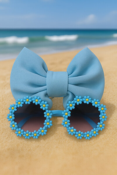 Darya Blue Bow Bandana and Flower Shaped Children's Glasses Set – Girls' Baby...