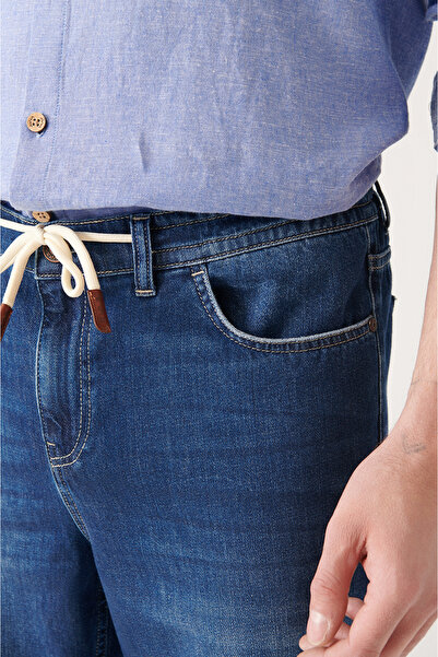 Avva Ανδρικό μπλε 100% βαμβακερό τζιν παντελόνι με κορδόνια με ελαστική μέση A31y3519