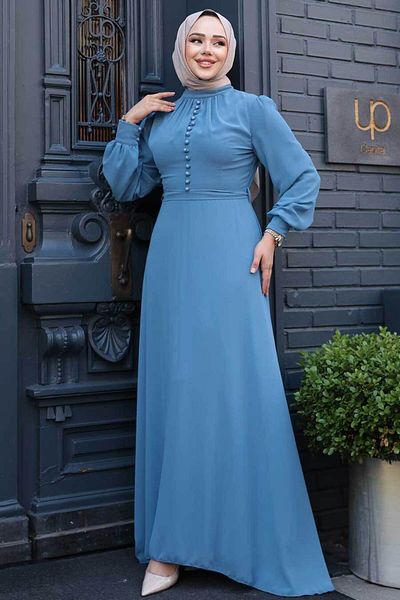 Neva Style Λεπτομερές φόρεμα με κουμπιά Indigo Blue Hijab 2703ım
