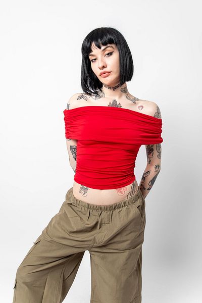 Bak Moda Madonna Collar Side Gathered Red Blouse - Sandy