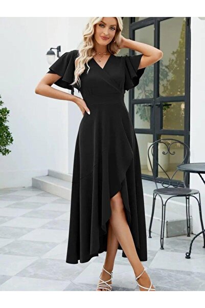 MODA Γυναικείο κοντομάνικο φόρεμα με διπλό στήθος με γιακά μπροστά με λεπτομέρεια Maxi Boy Imported Crepe