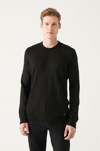 Avva Men's Black Crew Neck Textured Front Knitwear Sweater A22Y5072