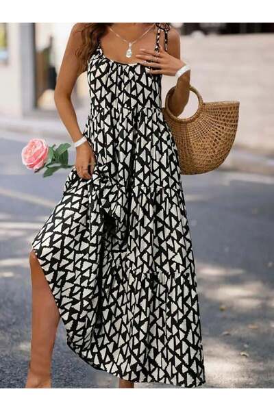 ESSFASIHON Rochie lungă înfășurată cu model cu volane, cu gât rotund, cu bretele