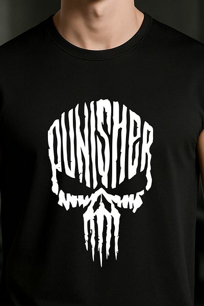 BESSA تي شيرت رجالي من Punisher مطبوع باللون الأسود ذو رقبة دائرية كبيرة الحجم من القطن بدون أكمام