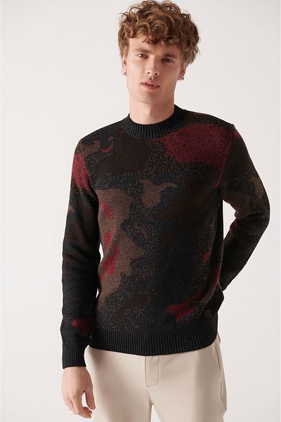 Avva Men's Brown Crew Neck Jacquard Wool Sweater A22Y5045
