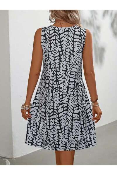 MODA Γυναικείο κοντό κοντό φόρεμα με μηδενικό μανίκι με λεπτομέρεια με μοτίβο