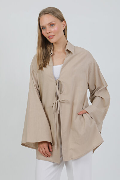 PASTELASTORE Light Mink 100% Cotton Linen Women's Kimono with Pockets and Laces 1165 – Shirt Collar, Breathable Fabric