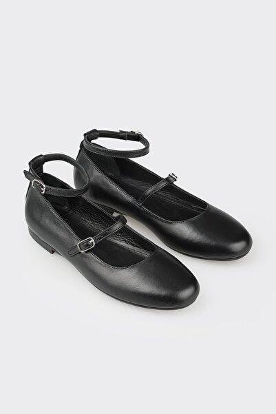 Elle Shoes Black Leather Women's Ballerinas
