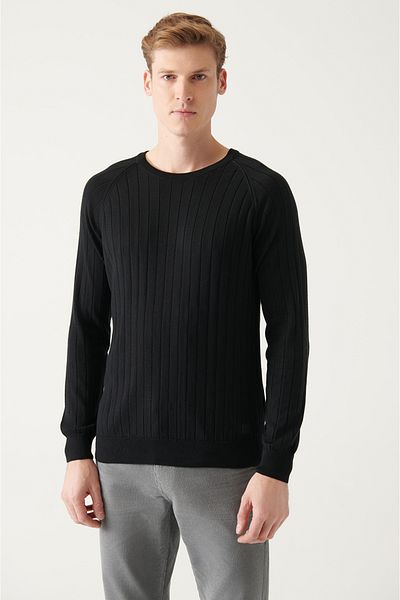 Avva Men's Black Crew Neck Jacquard Knitwear Sweater A22Y5179
