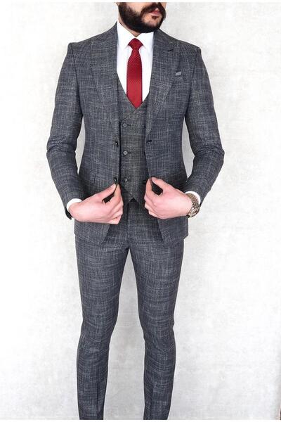 Jan Carlucci Erkek Slim Fit Sivri Yaka Gri Yelekli Drop 6 Takım Elbise