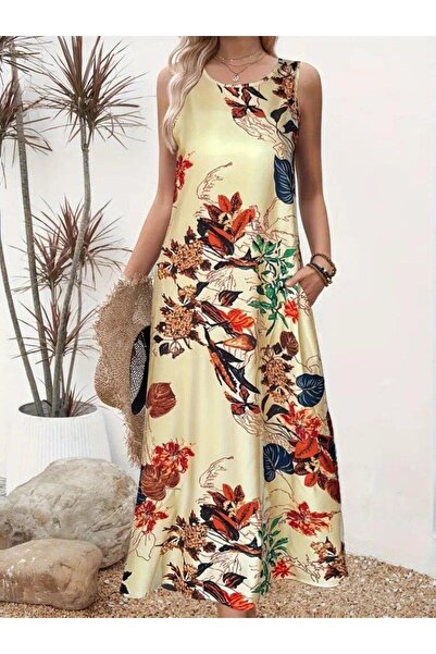 Bijuterria Women's Strappy Round Neck Pocket Patterned Single Jersey Dress