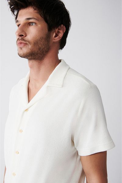 Avva Men's White Apaj Collar Short Sleeve Cotton Towel Shirt A31Y1145