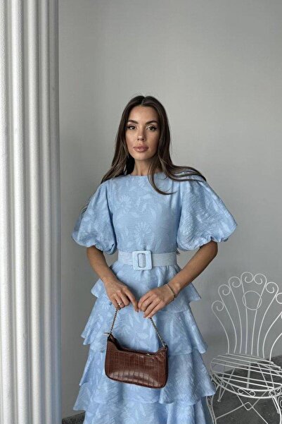 Genel Markalar Bebe Mavi Kat Kat Balon Kollu Kemerli Elbise