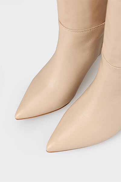 Elle Shoes Bej Deri Kadın Topuklu Çizme