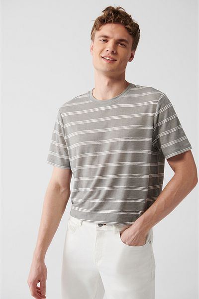 Avva Grau-weißes, bügelfreies, gestreiftes Herren-T-Shirt mit Rundhalsausschnitt A31y1144