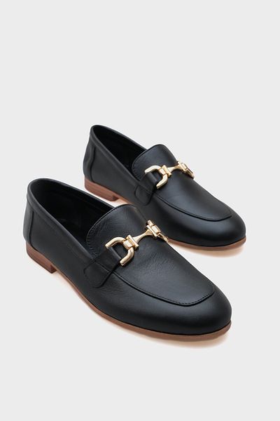 Capone Outfitters Women's Gold Buckle Black Genuine Leather Loafer