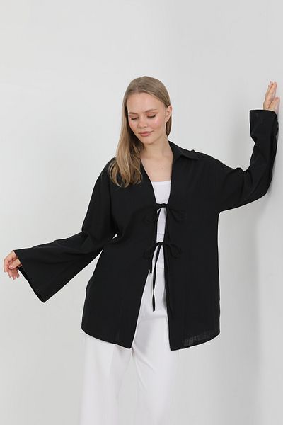 PASTELASTORE Kimono pentru femei 100% bumbac și in, cu șireturi, buzunar 1165 – guler cămașă, țesătură respirabilă